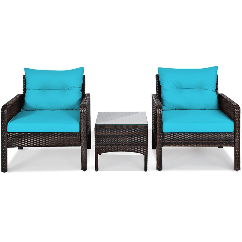 Costway 3-piece Rattan Patio Furniture Set with Sofa Chair in Turquoise