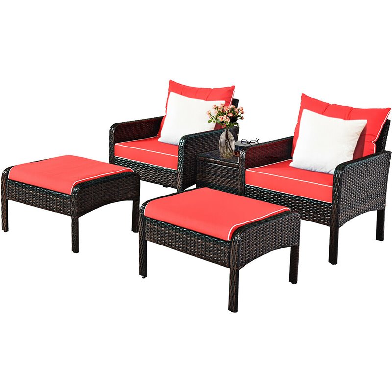 Costway 5-piece Rattan & Steel Patio Furniture Set with 2 Ottomans in Red