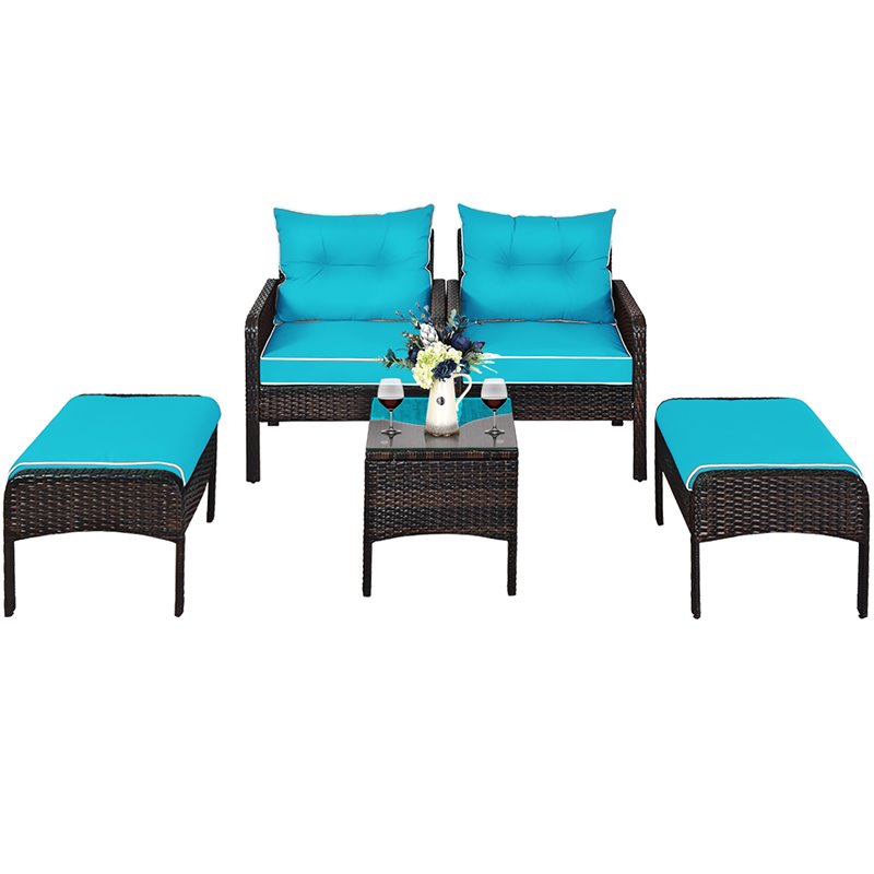 Costway 5-piece Rattan & Steel Patio Furniture Set with 2 Ottomans in Turquoise