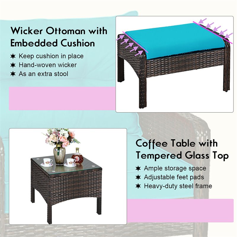 Costway 5-piece Rattan & Steel Patio Furniture Set with 2 Ottomans in Turquoise