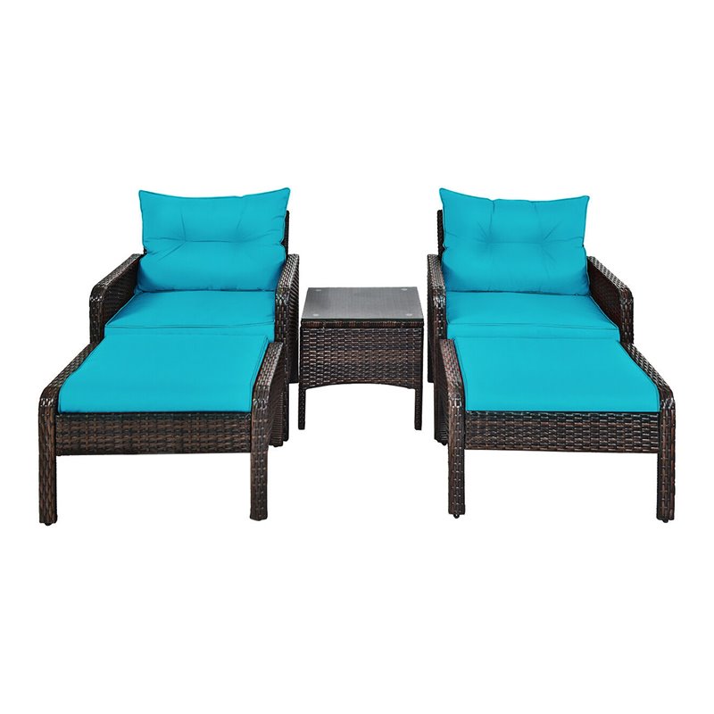 Costway 5-piece Rattan & Steel Patio Furniture Set with 2 Ottomans in Turquoise