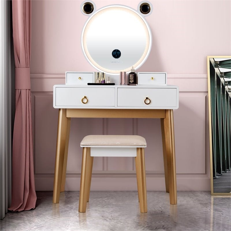 Costway MDF Vanity Dressing Table Set with Bluetooth Speakers in White/Gold