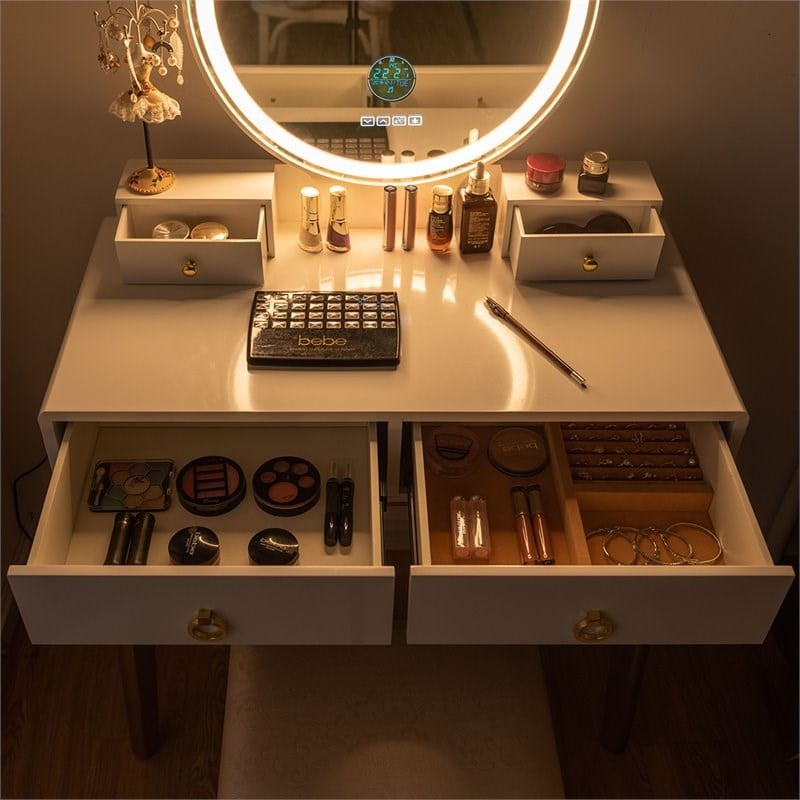 Costway MDF Vanity Dressing Table Set with Bluetooth Speakers in White/Gold