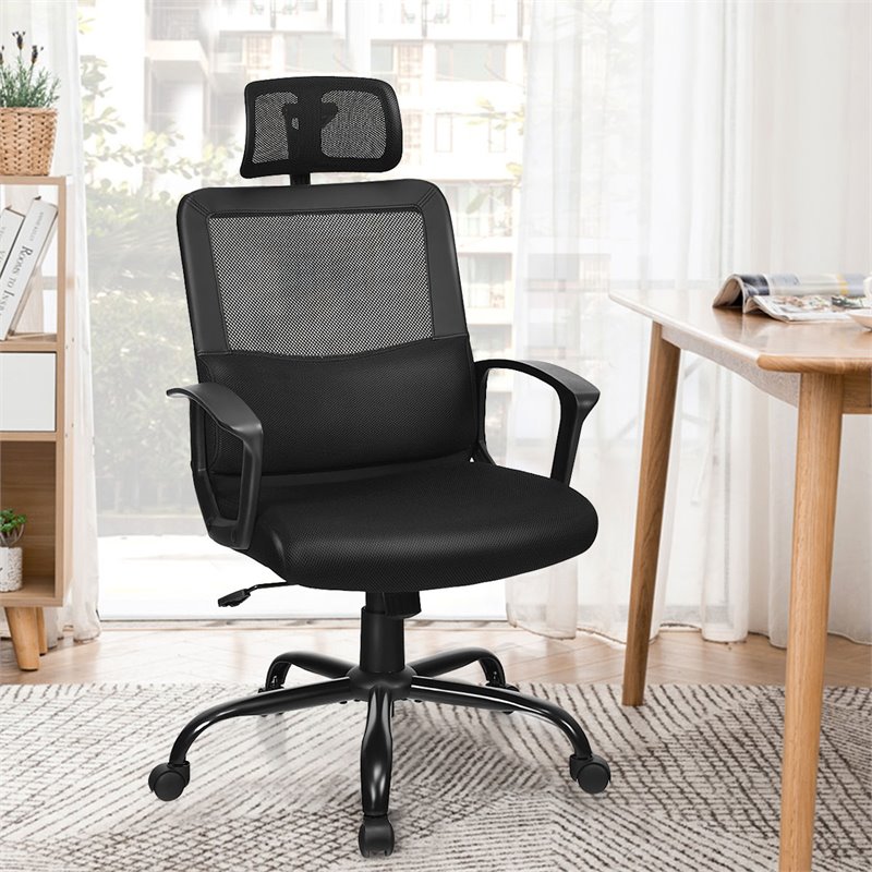 Costway Contemporary PU Mesh Swivel Office Chair with High Back in Black