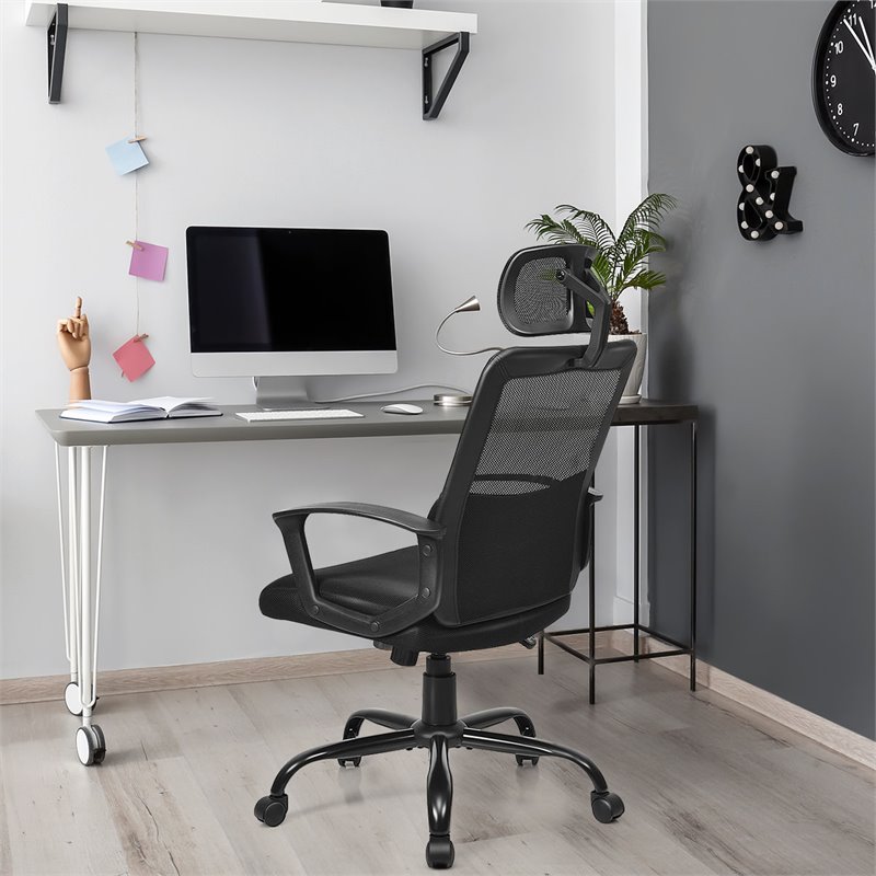 Costway Contemporary PU Mesh Swivel Office Chair with High Back in Black