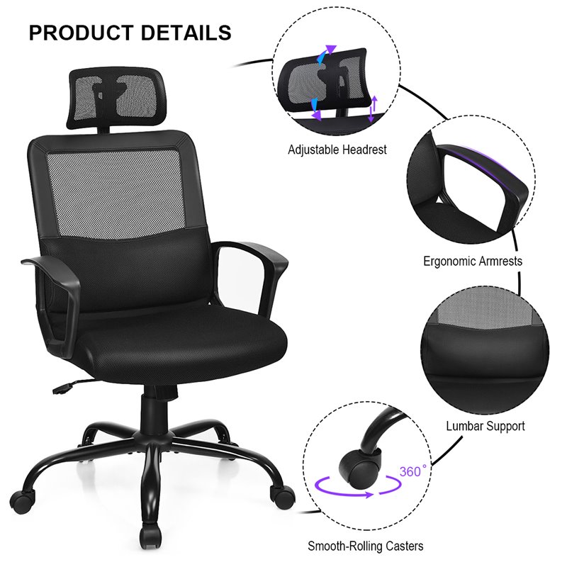 Costway Contemporary PU Mesh Swivel Office Chair with High Back in Black