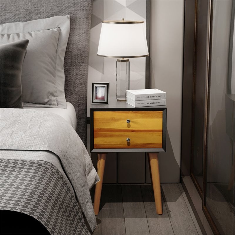 Costway Contemporary Solid Wood Nightstand with 2 Sliding Drawers in Black