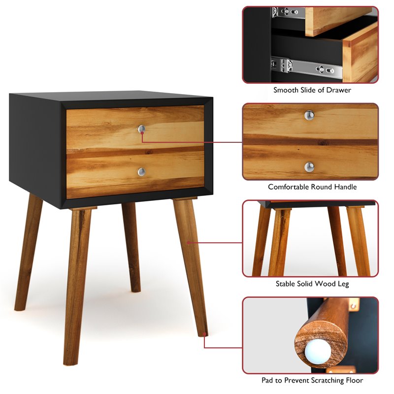 Costway Contemporary Solid Wood Nightstand with 2 Sliding Drawers in Black