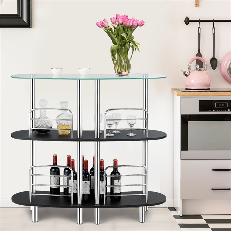 Costway Iron and Wood Bar Table with Tempered Glass Top & 2 Shelves in Black