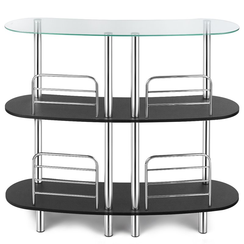 Costway Iron and Wood Bar Table with Tempered Glass Top & 2 Shelves in Black