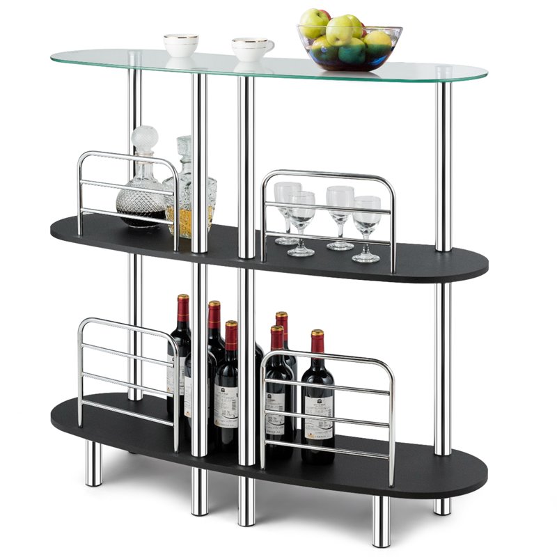 Costway Iron and Wood Bar Table with Tempered Glass Top & 2 Shelves in Black