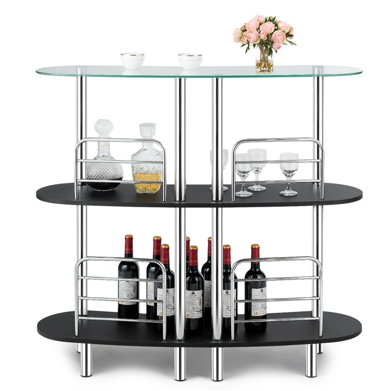 Costway Iron and Wood Bar Table with Tempered Glass Top & 2 Shelves in Black