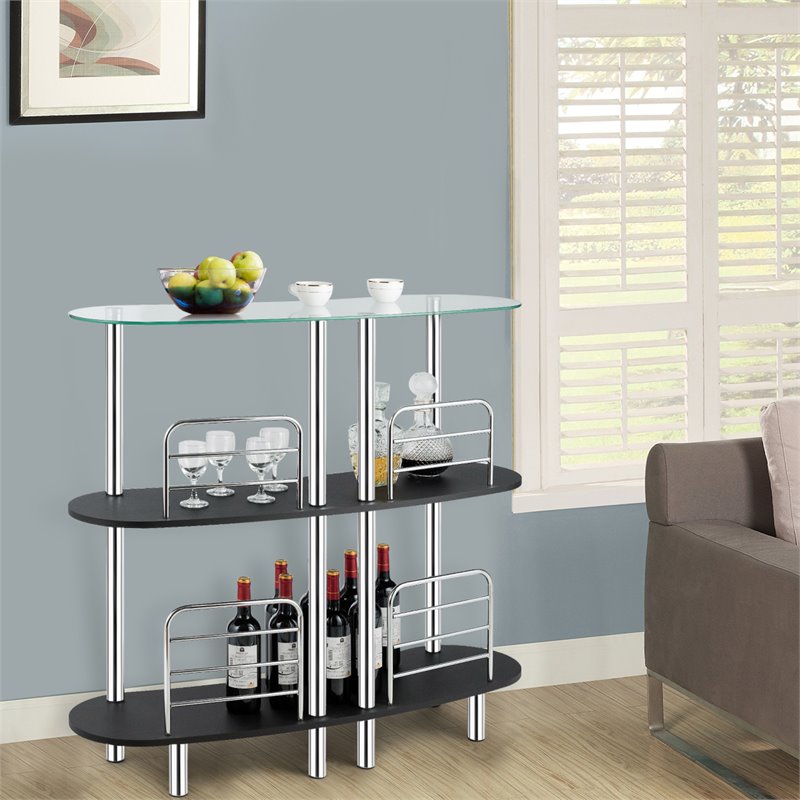 Costway Iron and Wood Bar Table with Tempered Glass Top & 2 Shelves in Black