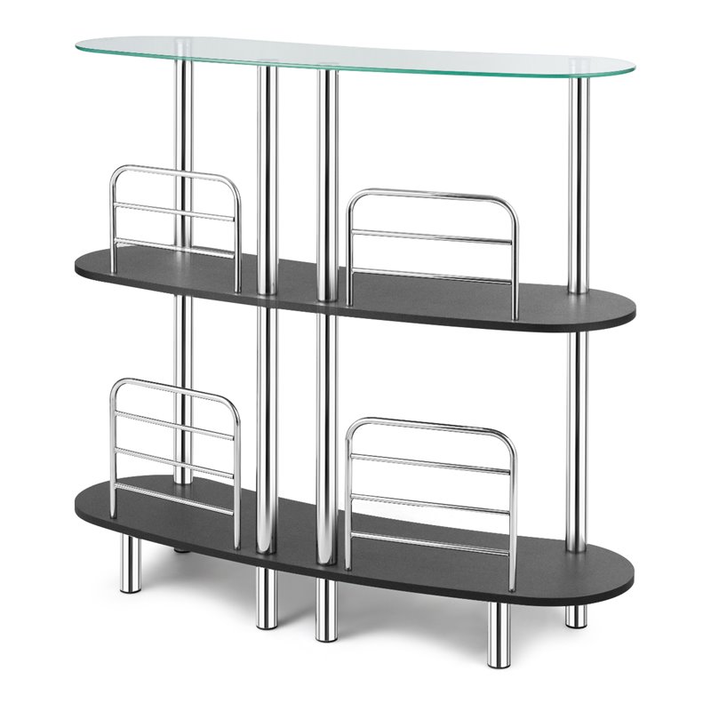 Costway Iron and Wood Bar Table with Tempered Glass Top & 2 Shelves in Black
