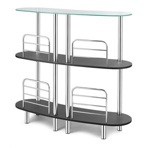 costway iron and wood bar table with tempered glass top & 2 shelves in black
