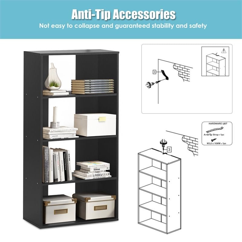 Costway 4-Tier Engineered Wood Multipurpose Bookcase with Open Shelves in Black