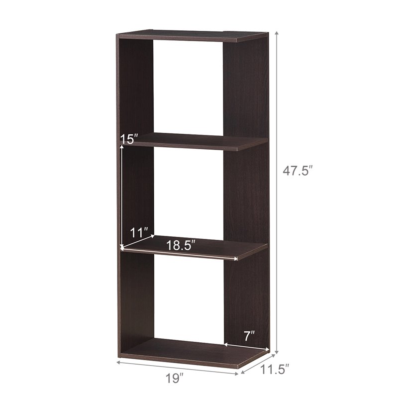 Costway 3-Tier Engineered Wood Bookcase with Open Shelves in Dark Brown