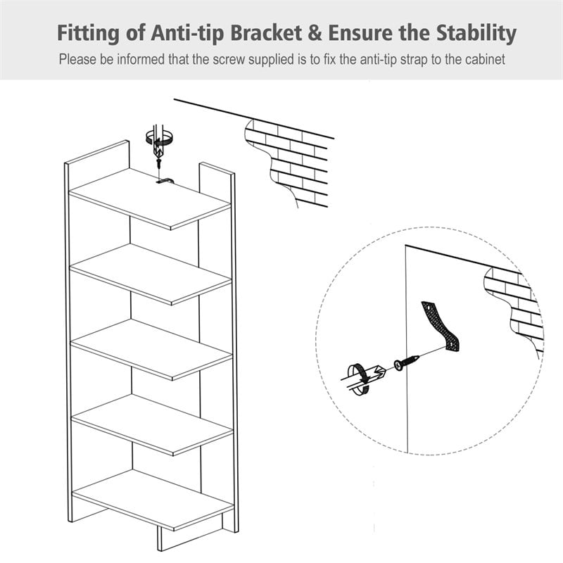 Costway 5-Tier Engineered Wood Bookcase with Open Shelves in White