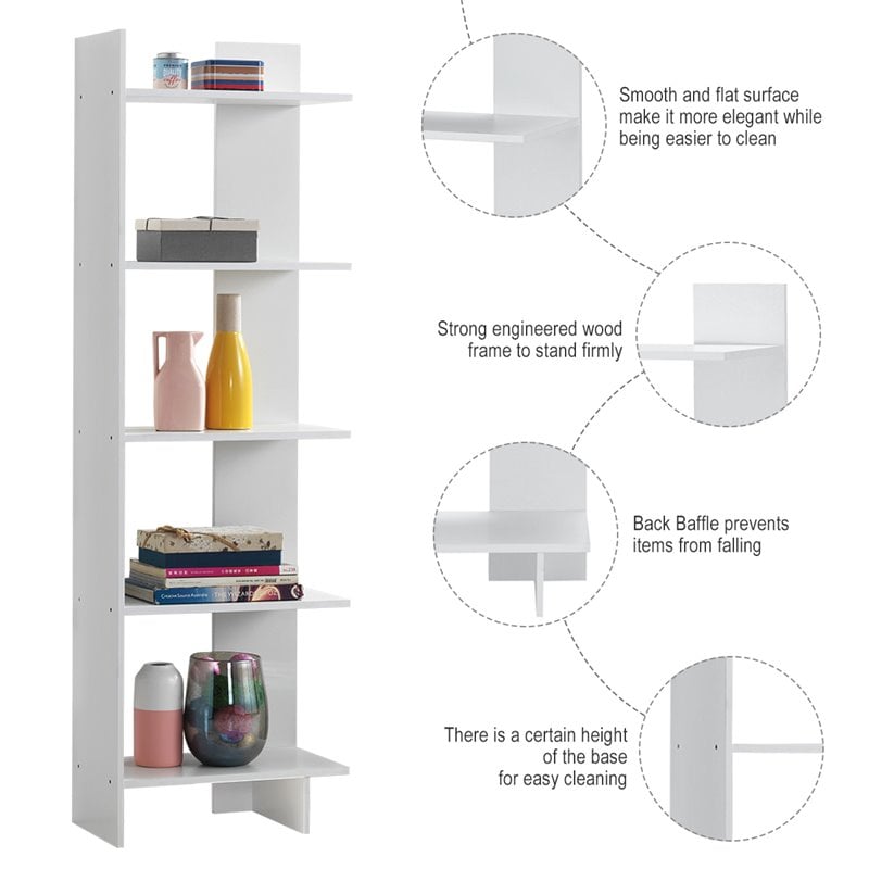 Costway 5-Tier Engineered Wood Bookcase with Open Shelves in White