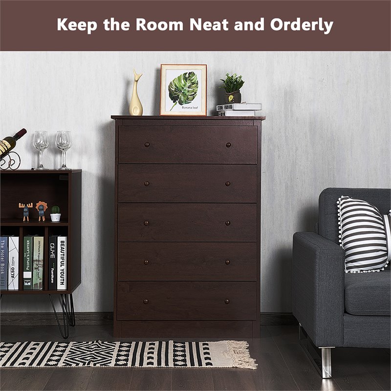 Costway 5-drawer Contemporary PB Board and MDF Chest w/ Multi Layers in Espresso