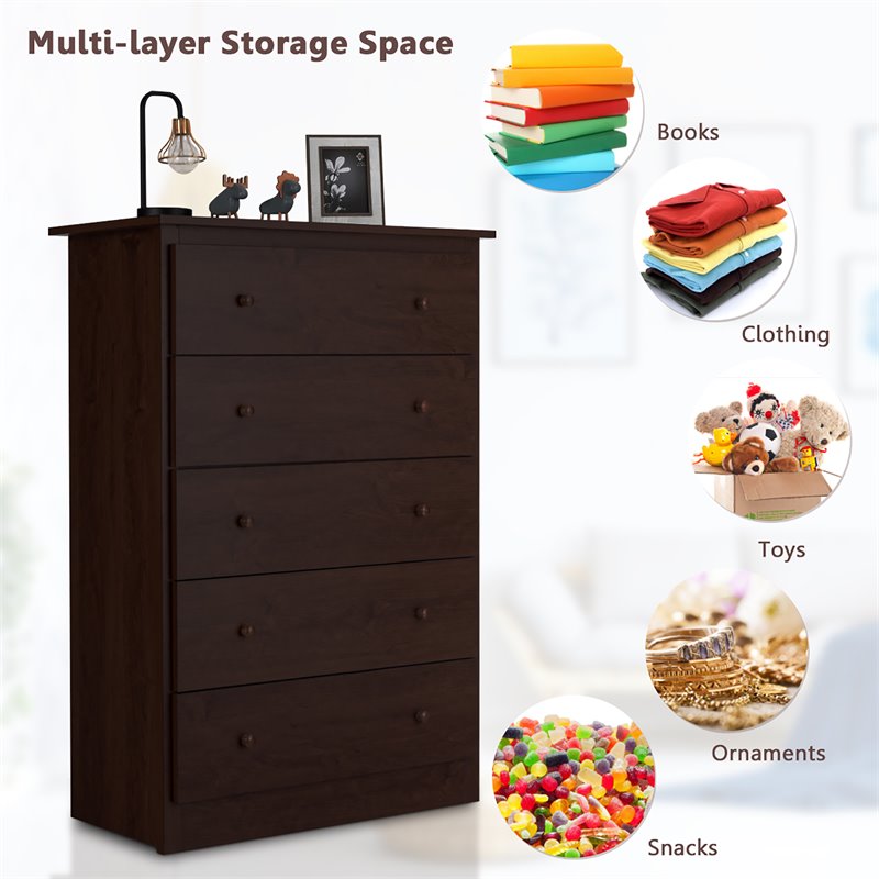 Costway 5-drawer Contemporary PB Board and MDF Chest w/ Multi Layers in Espresso