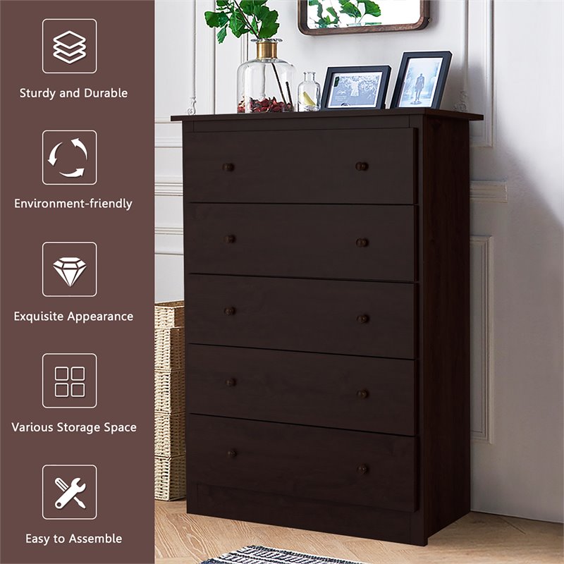 Costway 5-drawer Contemporary PB Board and MDF Chest w/ Multi Layers in Espresso
