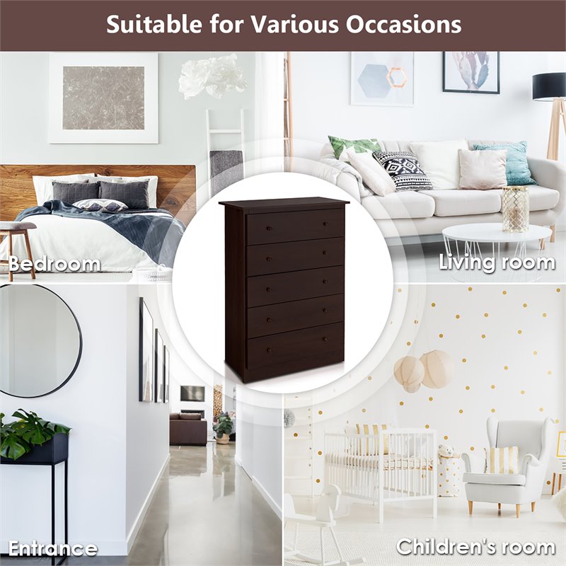 Costway 5-drawer Contemporary PB Board and MDF Chest w/ Multi Layers in Espresso