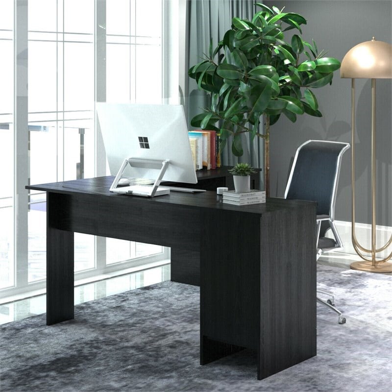 Costway L-Shaped Particle Board Corner Computer Desk with Drawers in Black