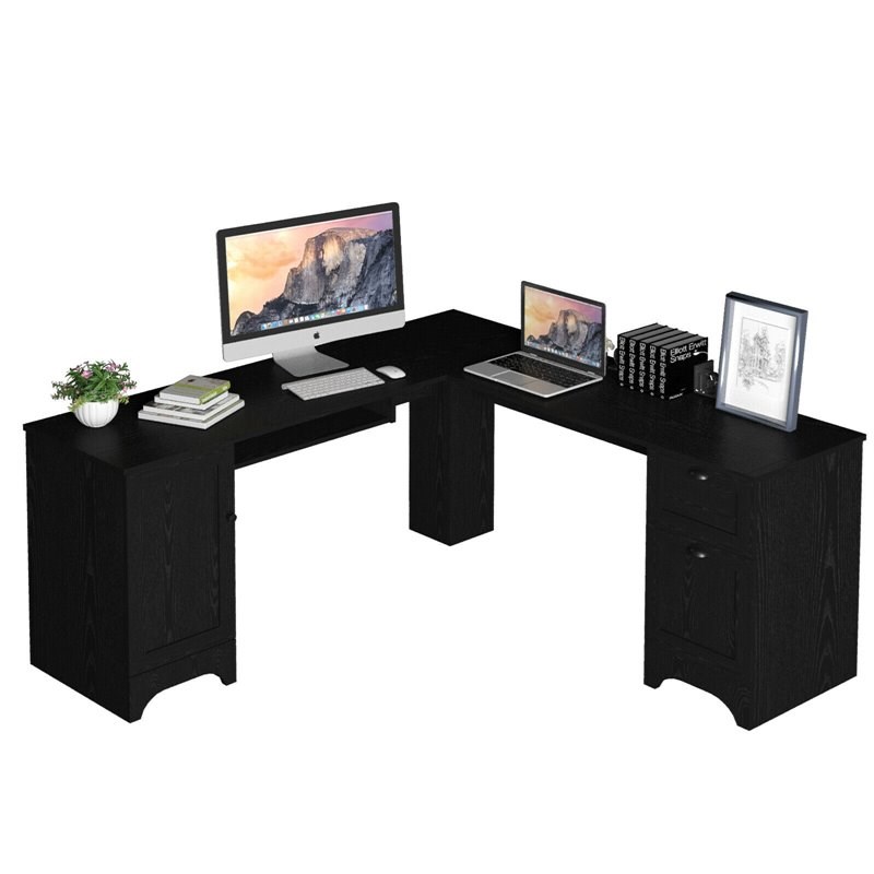 Costway L-Shaped Particle Board Corner Computer Desk with Drawers in Black