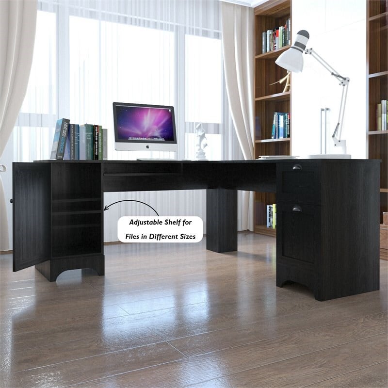 Costway L-Shaped Particle Board Corner Computer Desk with Drawers in Black