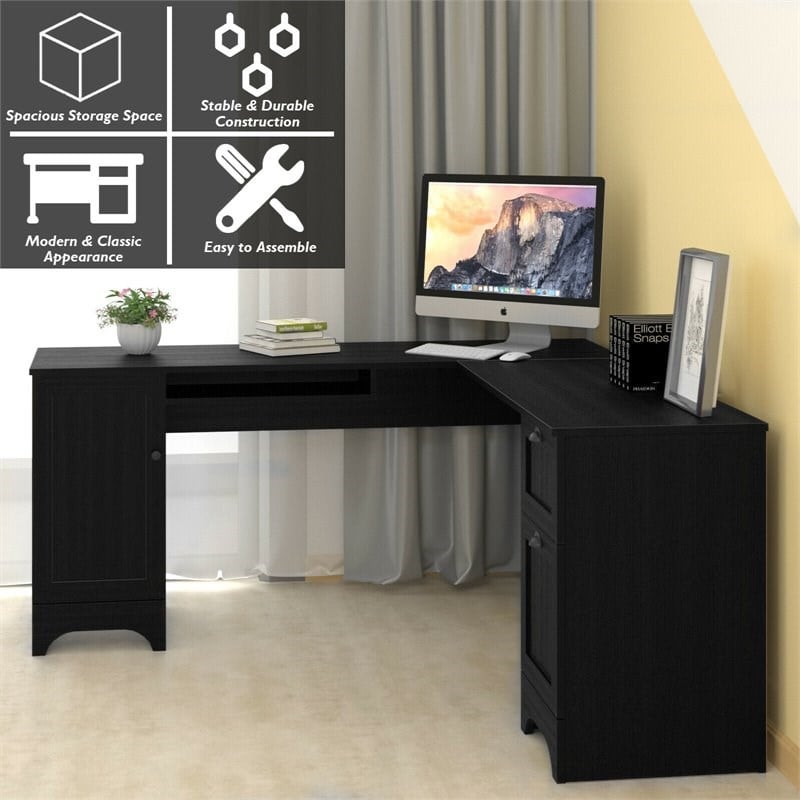 Costway L-Shaped Particle Board Corner Computer Desk with Drawers in Black