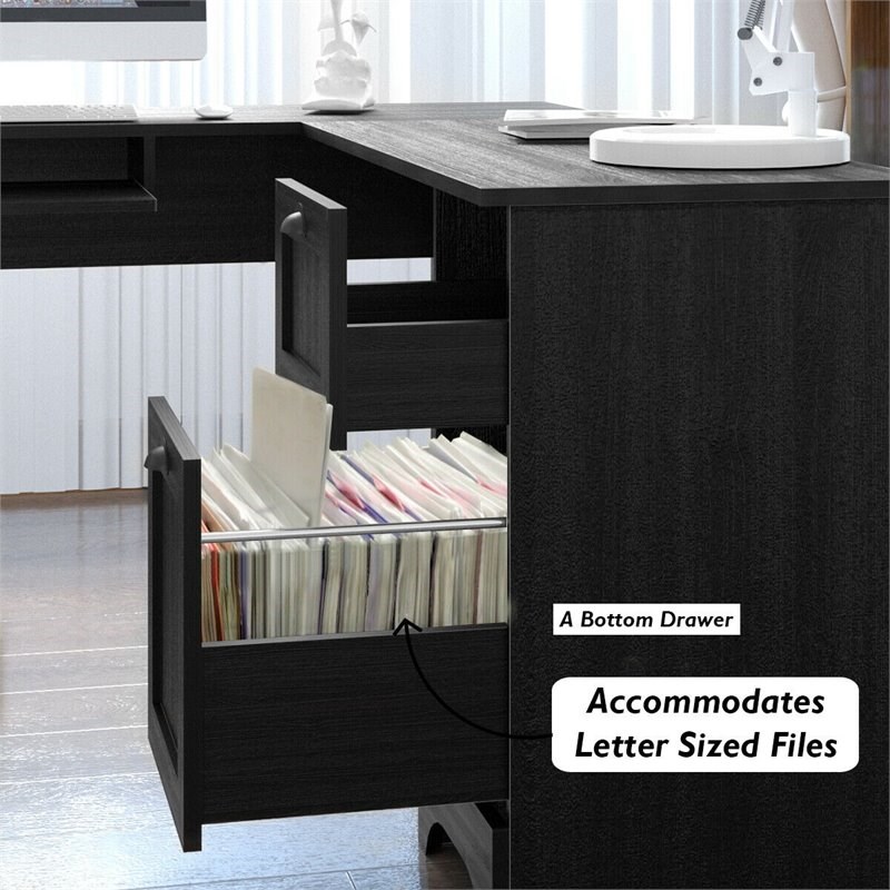 Costway L-Shaped Particle Board Corner Computer Desk with Drawers in Black
