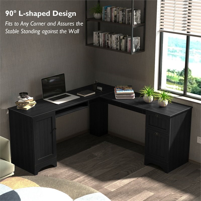 Costway L-Shaped Particle Board Corner Computer Desk with Drawers in Black