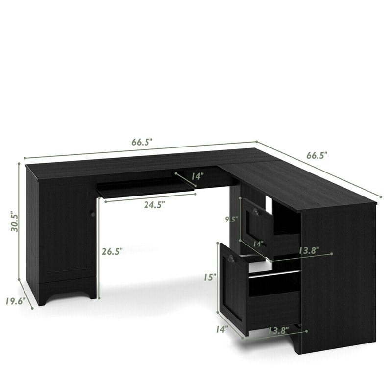 Costway L-Shaped Particle Board Corner Computer Desk with Drawers in Black