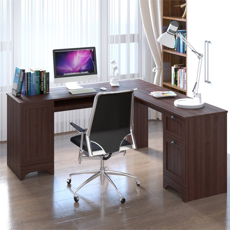 Costway L-Shaped Particle Board Corner Computer Desk with Drawers in Brown