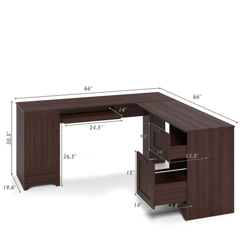 Costway L-Shaped Particle Board Corner Computer Desk with Drawers in Brown