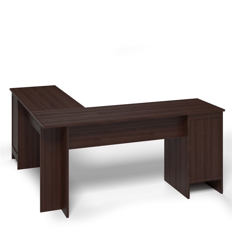 Costway L-Shaped Particle Board Corner Computer Desk with Drawers in Brown