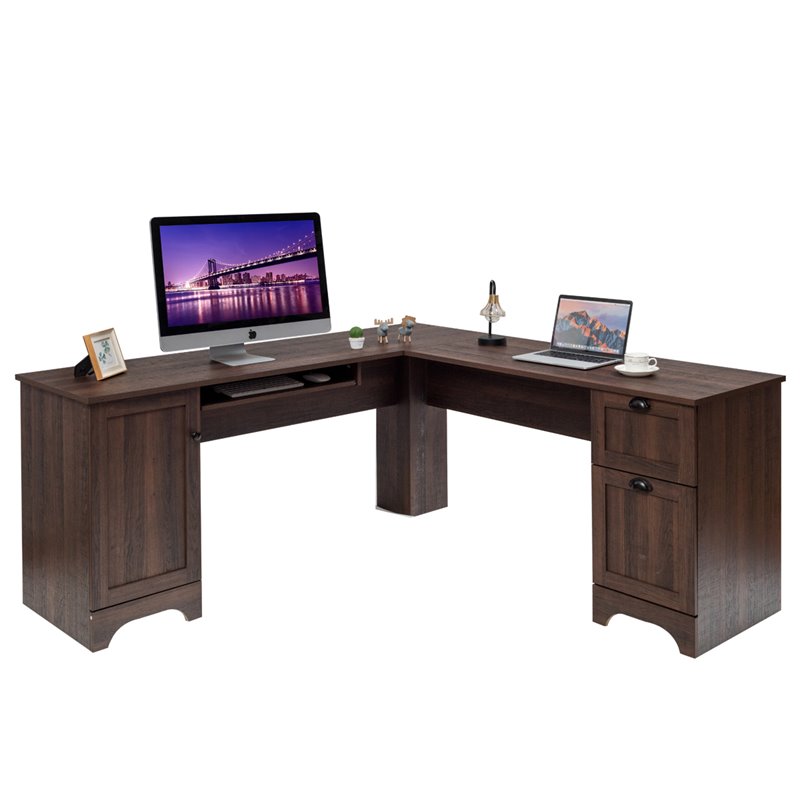 Costway L-Shaped Particle Board Corner Computer Desk with Drawers in Brown