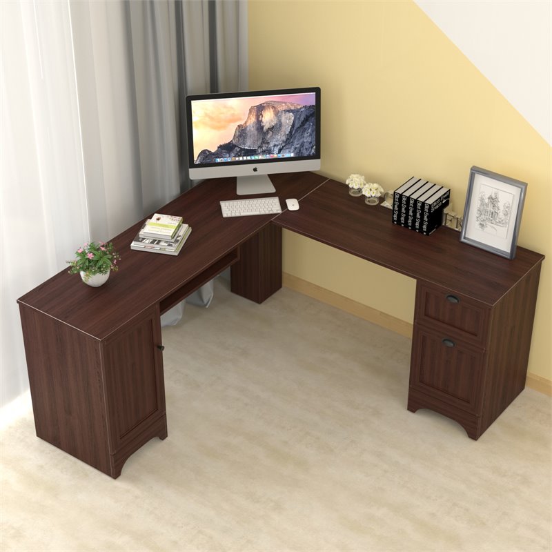 Costway L-Shaped Particle Board Corner Computer Desk with Drawers in Brown