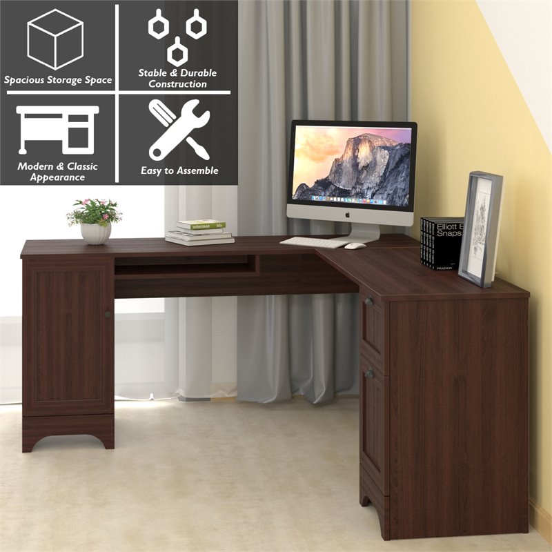 Costway L-Shaped Particle Board Corner Computer Desk with Drawers in Brown