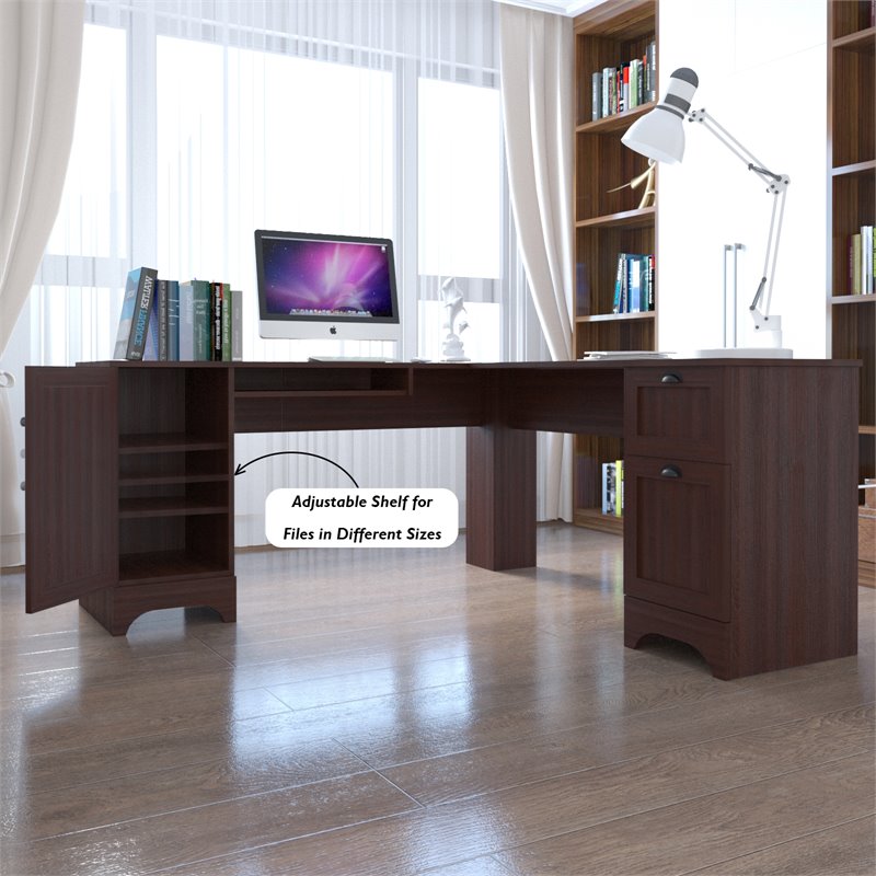 Costway L-Shaped Particle Board Corner Computer Desk with Drawers in Brown