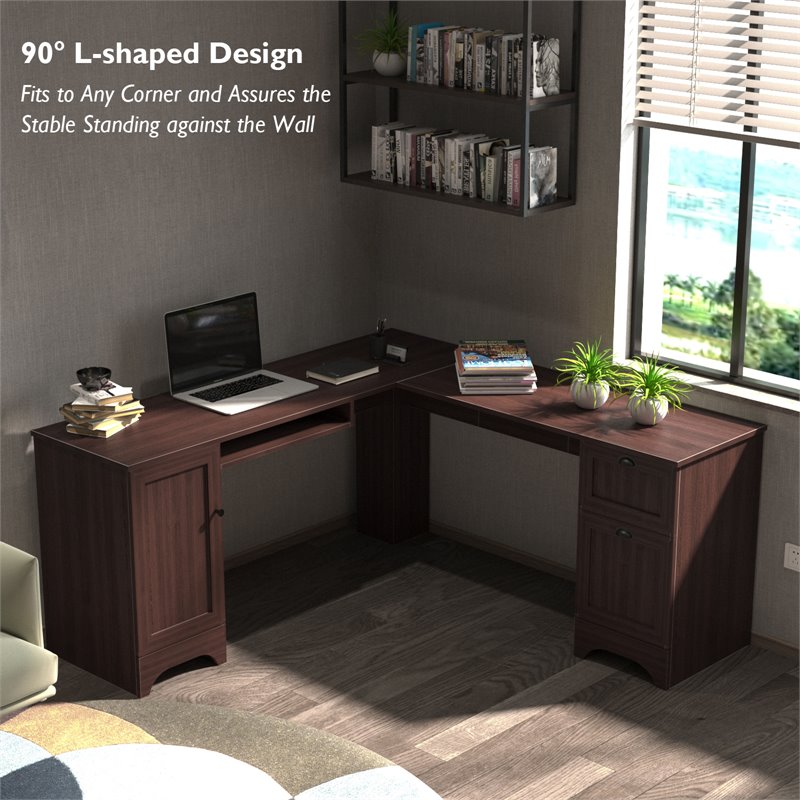 Costway L-Shaped Particle Board Corner Computer Desk with Drawers in Brown