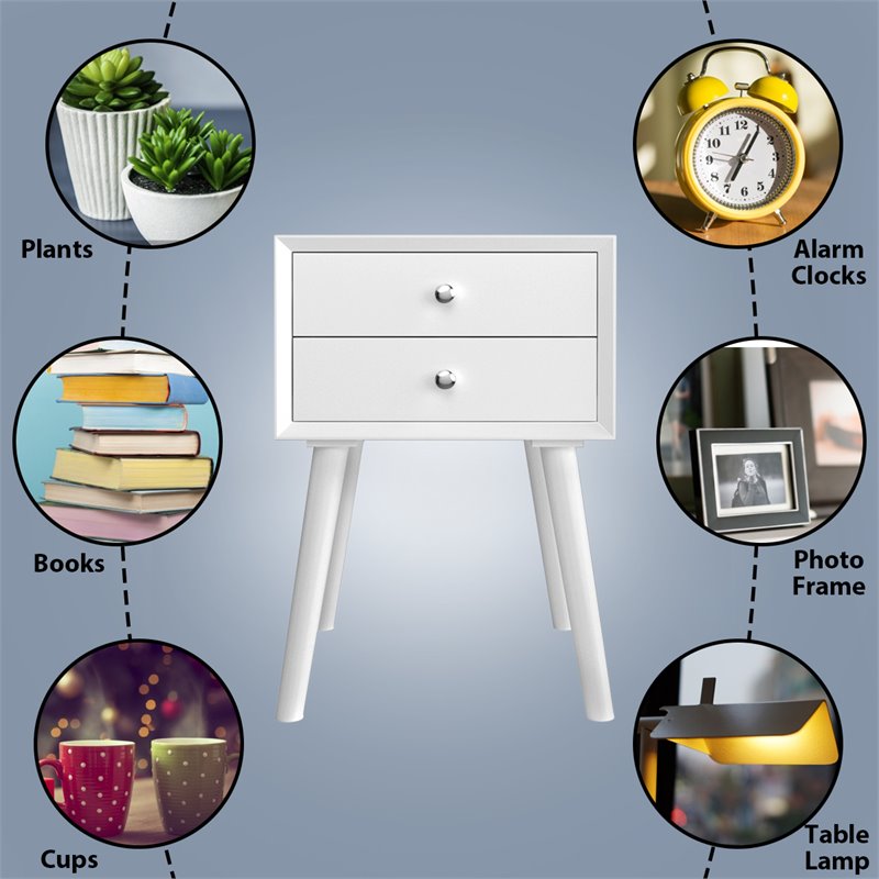 Costway Contemporary Solid Wood Nightstand with 2 Sliding Drawers in White