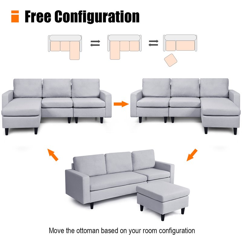 Costway L-Shaped Wood Sponge and Plastic Convertible Sectional Sofa in Gray