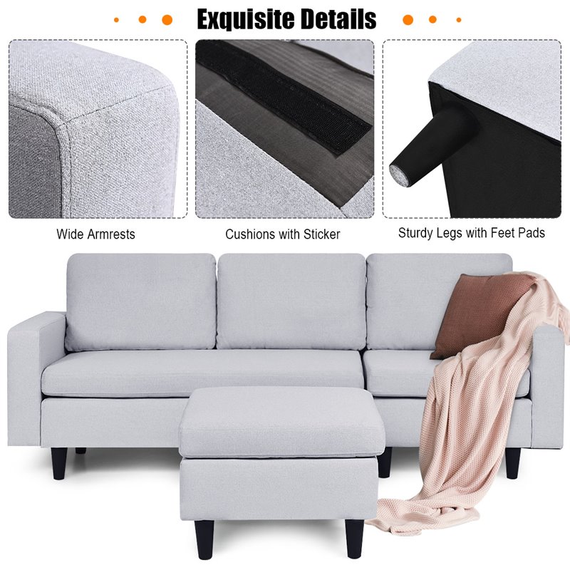 Costway L-Shaped Wood Sponge and Plastic Convertible Sectional Sofa in Gray