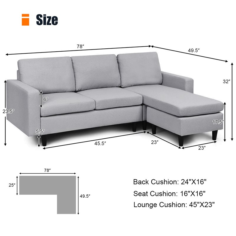 Costway L-Shaped Wood Sponge and Plastic Convertible Sectional Sofa in Gray