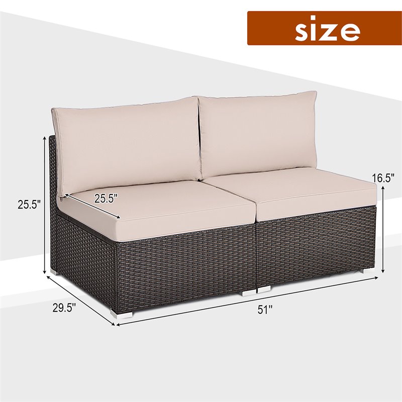 Costway 2-piece Rattan Patio Armless Sofa Furniture Set with Cushion in Brown
