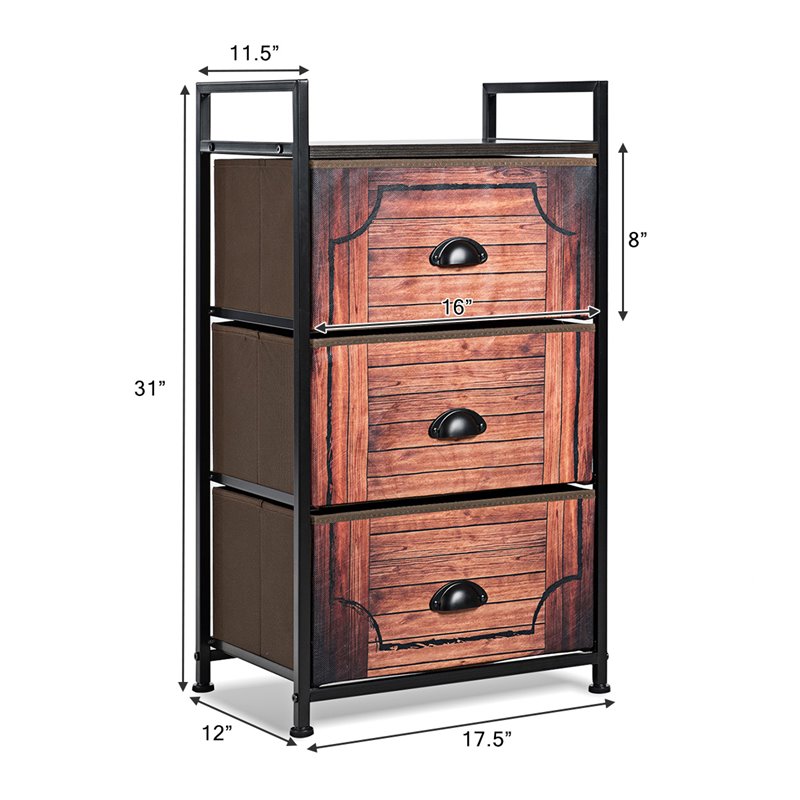 Costway 3-drawer Steel and MDF Dresser Storage Tower in Brown and Black