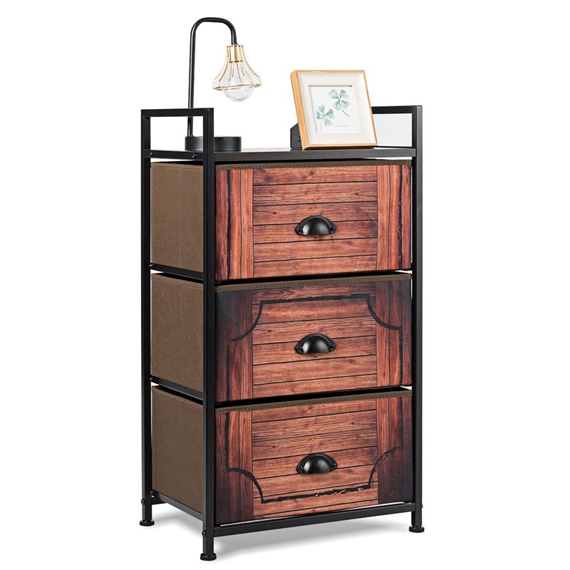 Costway 3-drawer Steel and MDF Dresser Storage Tower in Brown and Black