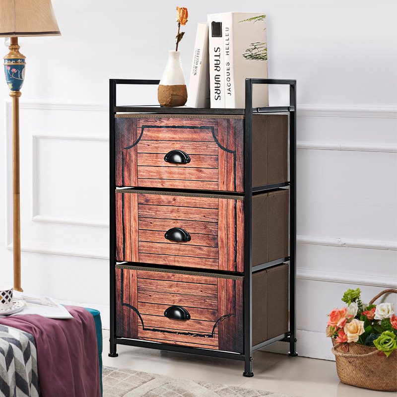 Costway 3-drawer Steel and MDF Dresser Storage Tower in Brown and Black